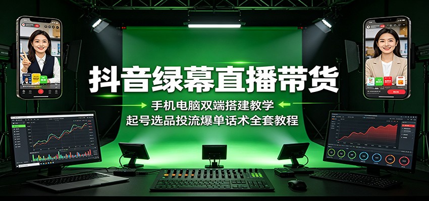 抖音绿幕直播带货:手机电脑双端搭建教学,起号选品投流爆单话术全套教程-副业网