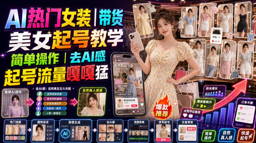 AI热门女装带货丨美女起号教学,简单操作,去AI感,起号流量嘎嘎猛-副业网