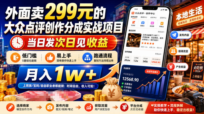外面卖299元的大众点评创作分成实战项目，当日发次日见收益，低门槛易上手，跑通流程月入1w+-副业网