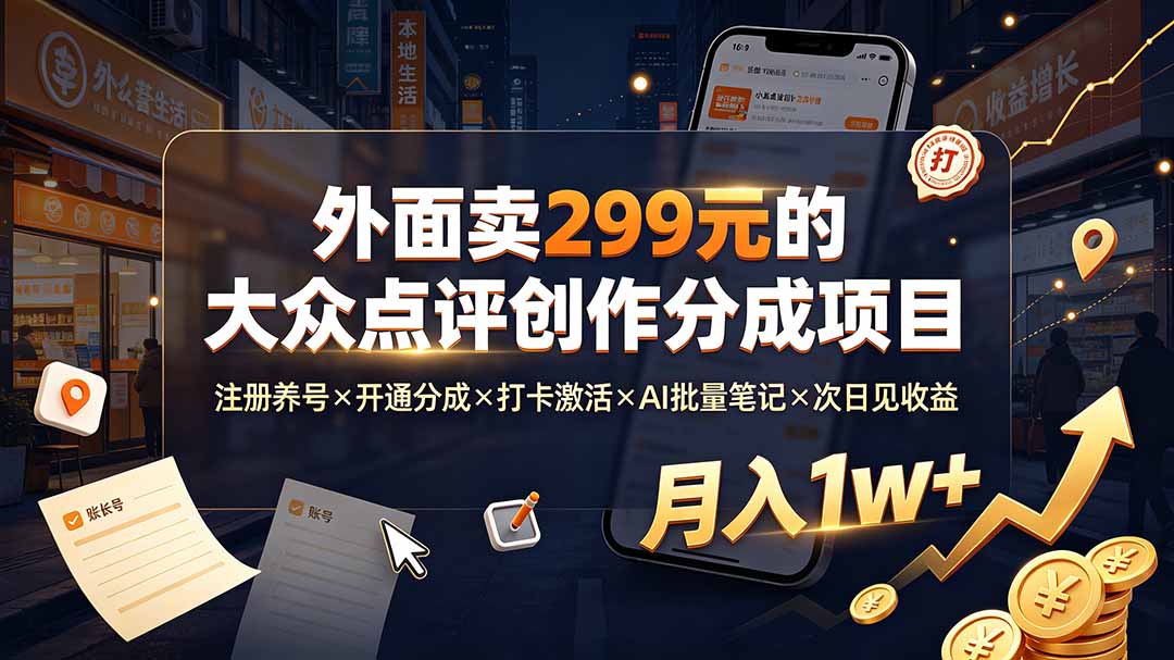 外面卖299元的大众点评创作分成项目：注册养号×开通分成×打卡激活×AI批量笔记×次日见收益，月入1w+-副业网
