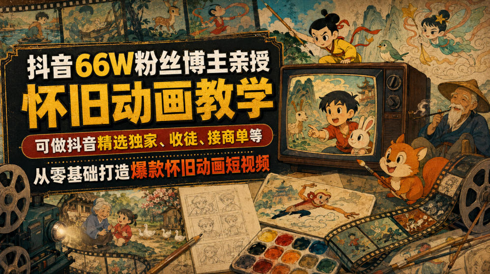 抖音66W粉丝博主亲授怀旧动画教学，可做抖音精选独家、收徒、接商单等，从零基础打造爆款怀旧动画短视频-副业网