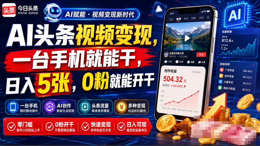 AI头条视频变现,一台手机就能干,日入5张,0粉就能开干-副业网