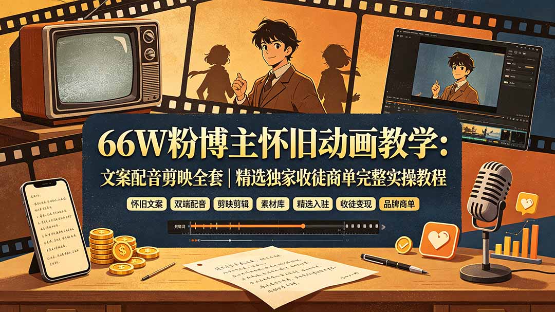 66W粉博主怀旧动画教学:文案配音剪映全套|精选独家收徒商单完整实操教程-副业网