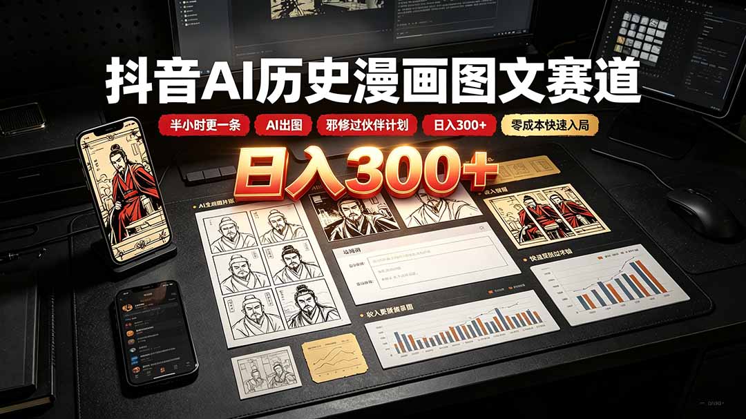 抖音AI历史漫画图文赛道:半小时更一条×AI出图×邪修过伙伴计划×日入300+,零成本快速入局-副业网