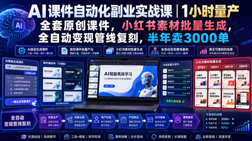 AI课件自动化副业实战课｜1小时量产全套原创课件，小红书素材批量生成，全自动变现管线复刻，半年卖3000单-副业网