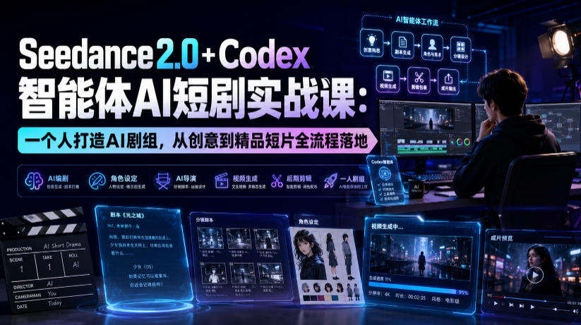 Seedance2.0+Codex智能体AI短剧实战课：一个人打造AI剧组，从创意到精品短片全流程-副业网