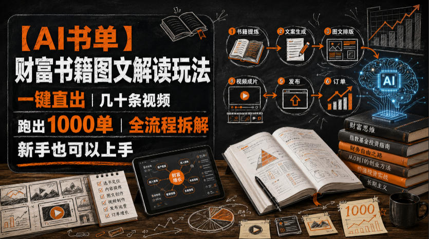 【AI书单】财富书籍图文解读玩法,一键直出,几十条视频,跑出1000单,全流程拆解,新手也可以上手-副业网