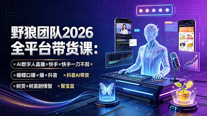 野狼团队2026全平台带货课-7月:AI数字人直播×快手一刀不剪×蝴蝶口播×抖音AI带货×树苗剧情智剪×聚宝盆-副业网