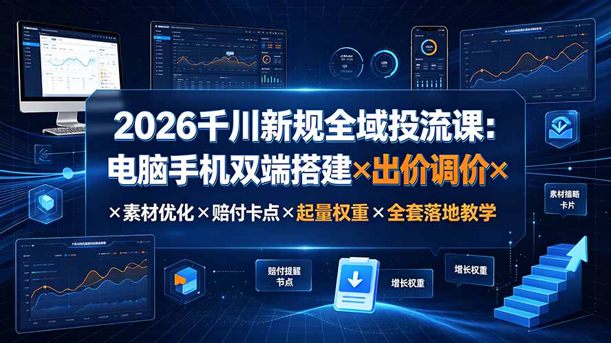 2026千川新规全域投流课：电脑手机双端搭建×出价调价×素材优化×赔付卡点×起量权重×全套落地教学-副业网