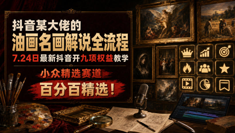 抖音某大佬的油画名画解说全流程，7.24日最新抖音开九项权益教学，小众精选赛道，百分百精选！-副业网