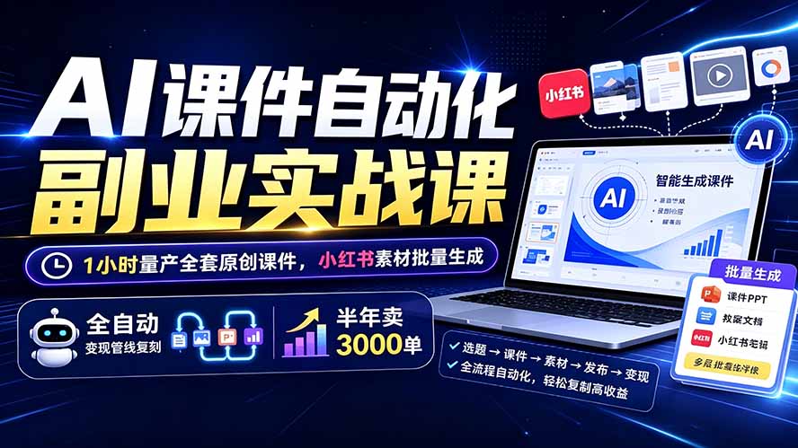 AI课件自动化副业实战课:1小时量产全套原创课件×小红书素材批量生成×全自动变现管线×半年卖3000单-副业网