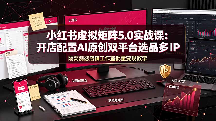 小红书虚拟矩阵5.0实战课：开店配置｜AI原创｜双平台选品｜多IP隔离｜测怼店铺工作室批量变现实操教学-副业网