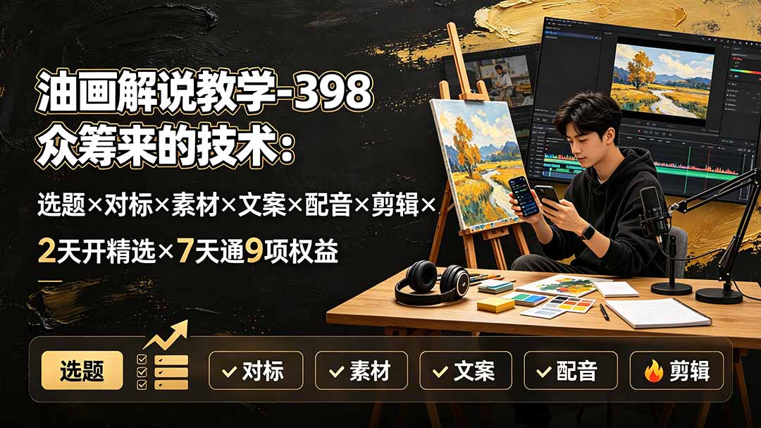 油画解说教学-398众筹来的技术：选题×对标×素材×文案×配音×剪辑×2天开精选×7天通9项权益-副业网