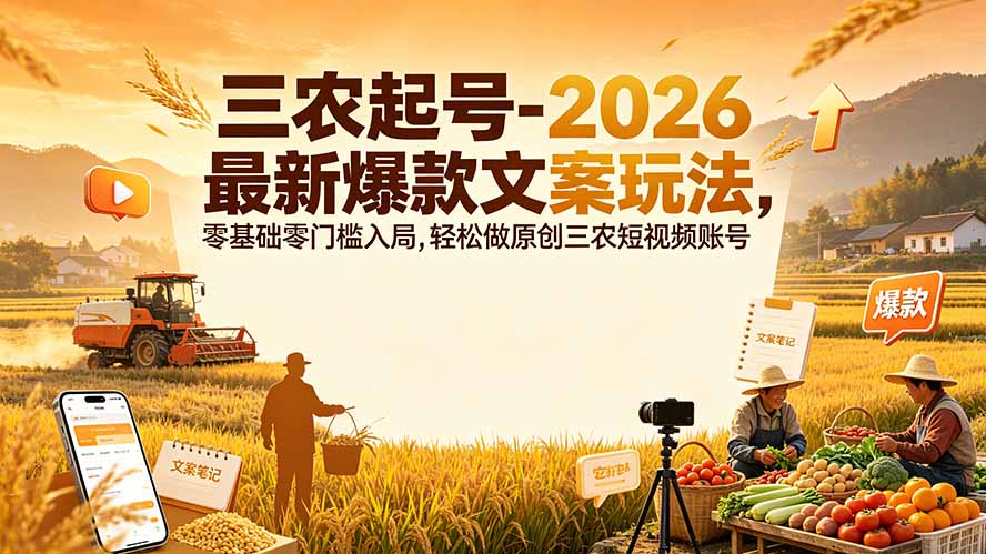 三农起号-2026 最新爆款文案玩法,零基础零门槛入局,轻松做原创三农短视频账号-副业网