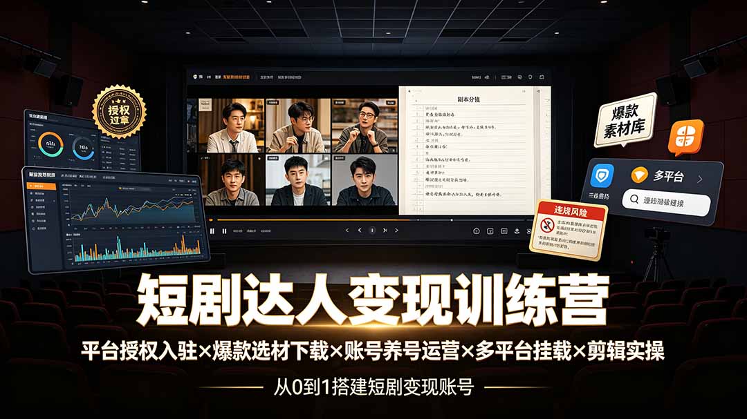 短剧达人变现训练营：平台授权入驻×爆款选材下载×账号养号运营×多平台挂载×剪辑实操×违规处理全流程-副业网