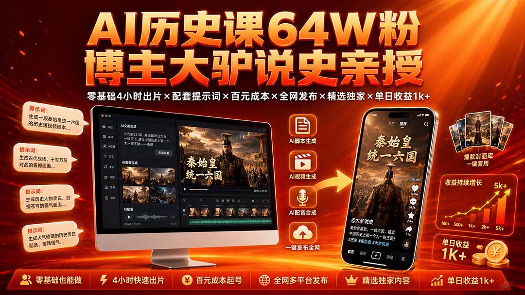 AI历史课64W粉博主大驴说史亲授:零基础4小时出片×配套提示词×百元成本×全网发布×精选独家×单日收益1k+-副业网