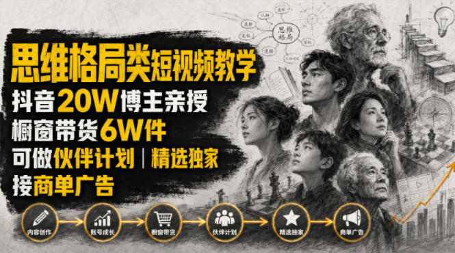 人性思维格局类短视频教学,抖音20W博主亲授,橱窗带货6W件,可做伙伴计划、精选独家、接商单广告-副业网