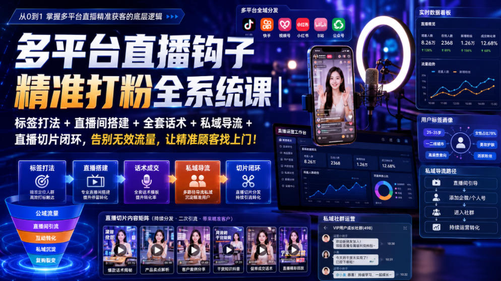 多平台直播钩子精准打粉全系统课｜标签打法+直播间搭建+全套话术+私域导流+直播切片闭环，告别无效流量，让精准顾客找上门！-副业网