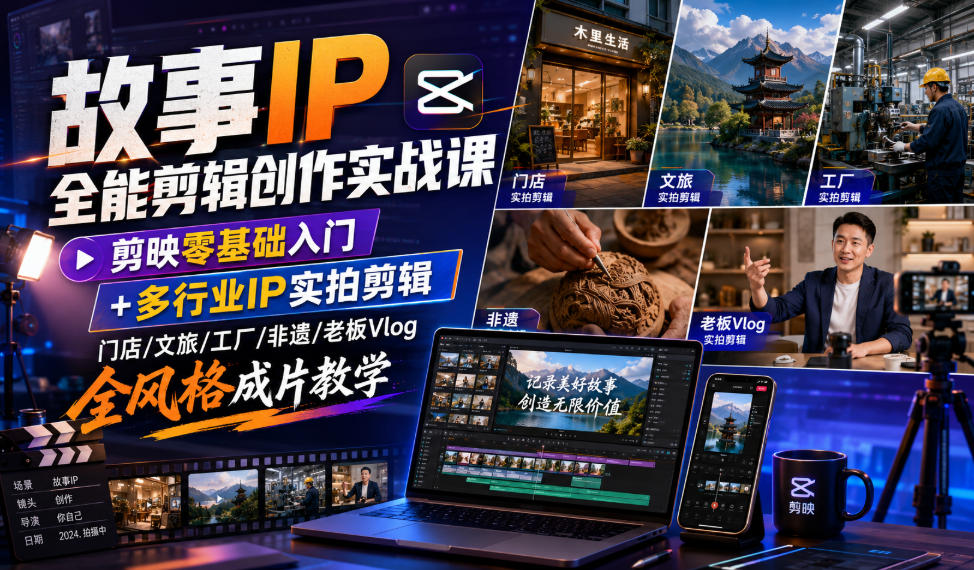 故事IP全能剪辑创作实战课|剪映零基础入门+多行业IP实拍剪辑,门店/文旅/工厂/非遗/老板Vlog全风格成片教学-副业网