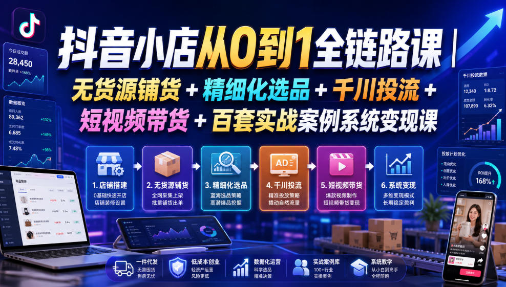 抖音小店从0到1全链路课|无货源铺货+精细化选品+千川投流+短视频带货+百套实战案例系统变现课(2026年7月更新)-副业网