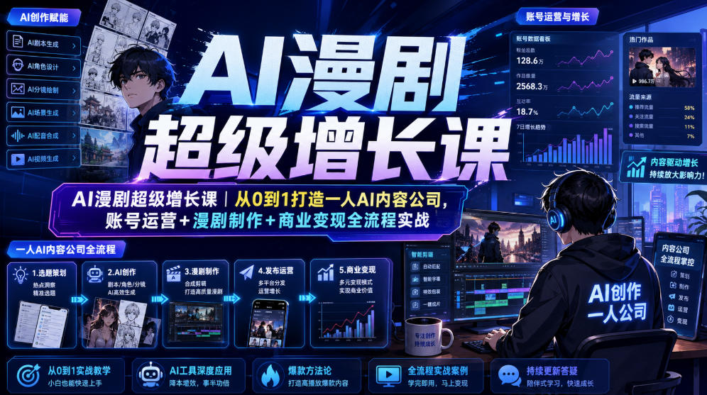 AI漫剧超级增长课|从0到1打造一人AI内容公司,账号运营+漫剧制作+商业变现全流程实战-副业网