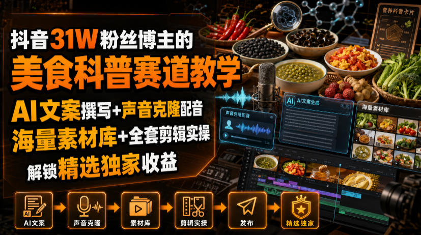 抖音31W粉丝博主的美食科普赛道教学,AI文案撰写+声音克隆配音+剪辑实操,解锁精选独家收益-副业网