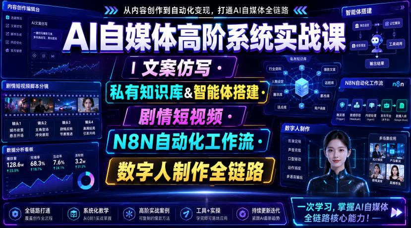 AI自媒体高阶系统实战课｜文案仿写・私有知识库&智能体搭建・剧情短视频・N8N自动化工作流・数字人制作全链路-副业网
