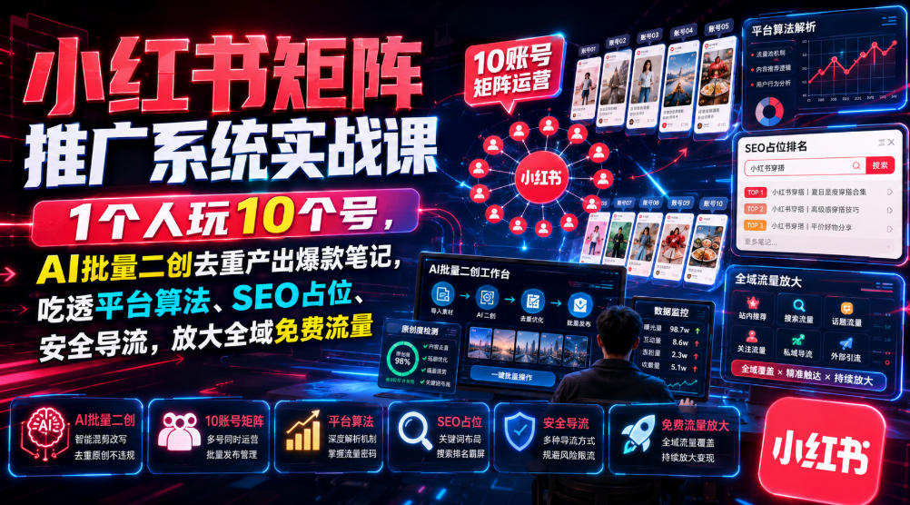 小红书矩阵推广系统实战课｜1个人玩10个号，AI批量二创去重产出爆款笔记，吃透平台算法、SEO占位、安全导流，放大全域免费流量-副业网