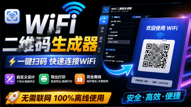 完全离线使用!WiFi二维码生成器,一键扫码快速连接WiFi,支持自定义风格导出WiFi二维码生成器-副业网