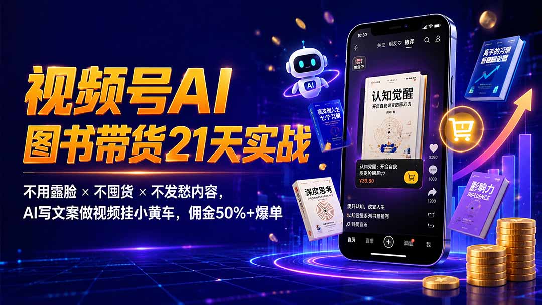繁花视频号AI图书带货21天实战:不用露脸×不囤货×不发愁内容,AI写文案做视频挂小黄车,佣金50%+爆单-副业网