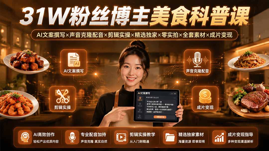 31W粉丝博主美食科普课:AI文案撰写×声音克隆配音×剪辑实操×精选独家×零实拍×全套素材×成片变现-副业网