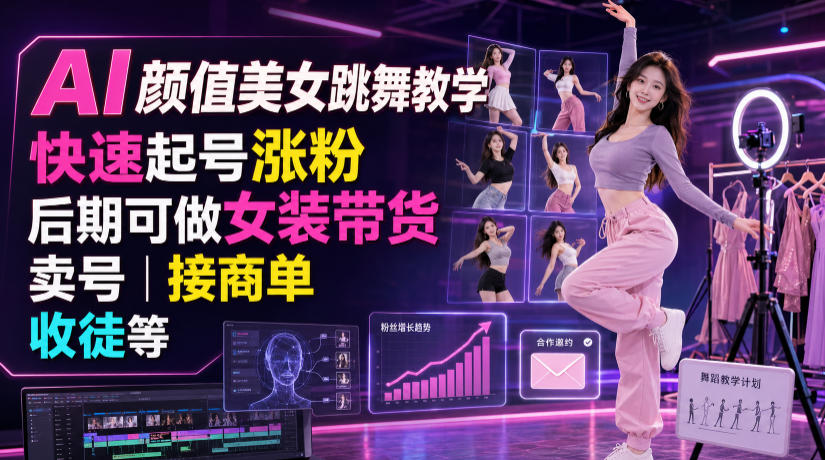 AI颜值美女跳舞教学,快速起号涨粉,后期可做女装带货,卖号,接商单,收徒等-副业网