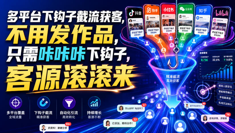 多平台下钩子截流获客,不用发作品,只需咔咔咔下钩子,客源滚滚来-副业网