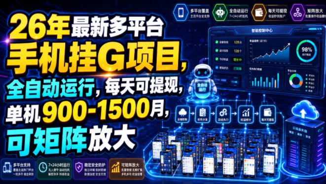 26年最新多平台手机挂G项目,全自动运行,每天可提现,单机900-1500月,可矩阵放大【揭秘】-副业网