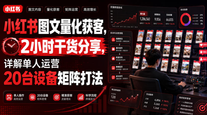 小红书图文量化获客，2小时干货分享，详解单人运营20台设备矩阵打法-副业网