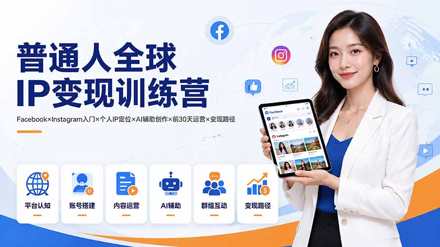 普通人全球IP变现训练营:Facebook×Instagram入门×个人IP定位×AI辅助创作×前30天运营×变现路径-副业网