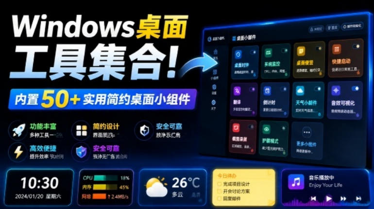 Windows桌面工具集合！内置50+实用简约桌面小组件，含截图、录屏、翻译、天气等，多秘工具箱-副业网