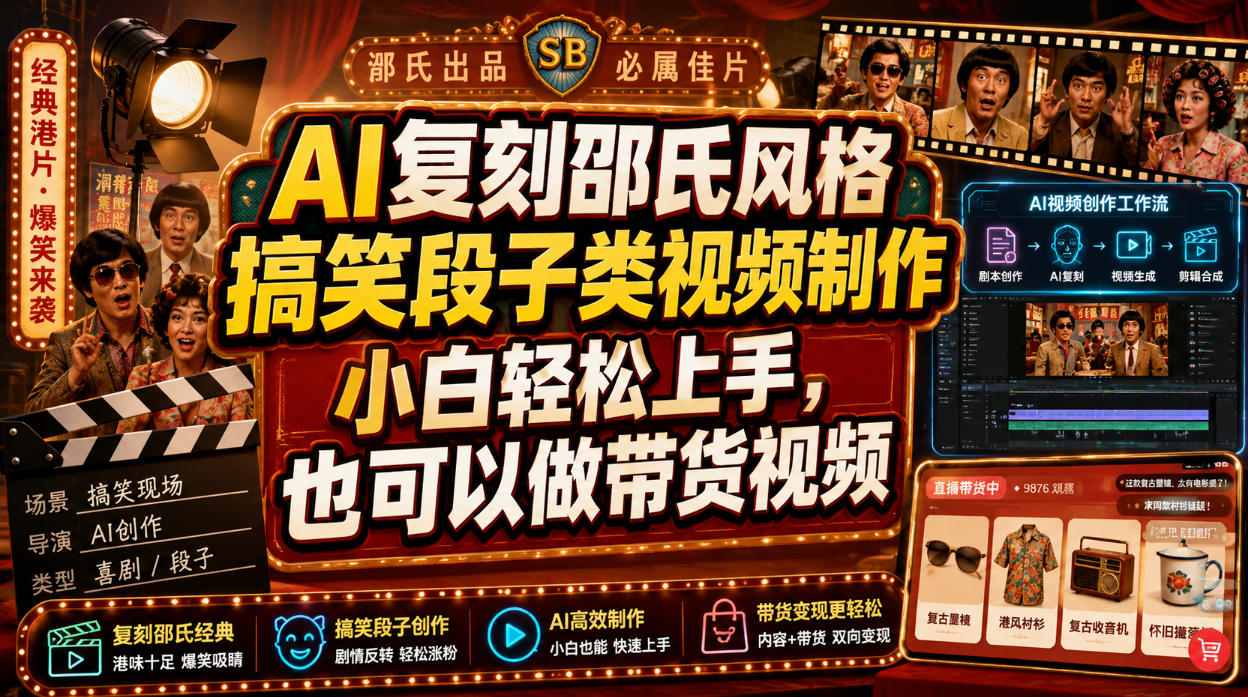 AI复刻邵氏风格搞笑段子类视频制作,小白轻松上手,也可以做带货视频-副业网