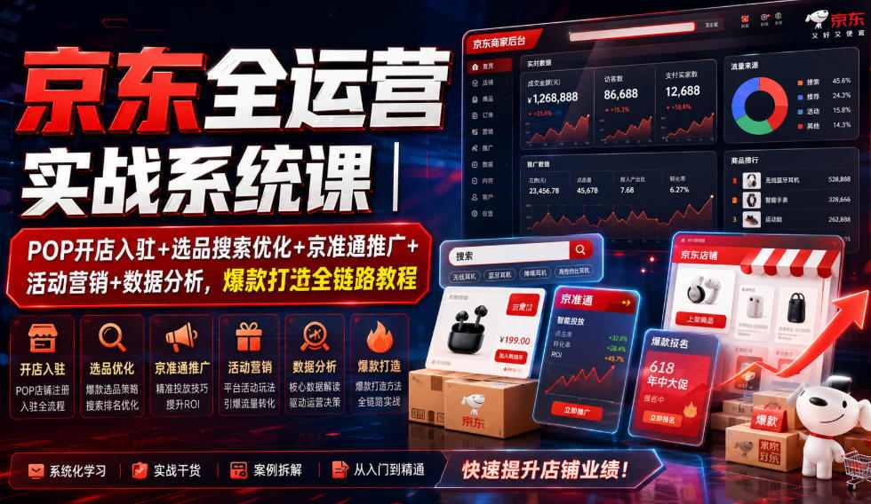 京东全运营实战系统课|POP开店入驻+选品搜索优化+京准通推广+活动营销+数据分析,爆款打造全链路教程-副业网