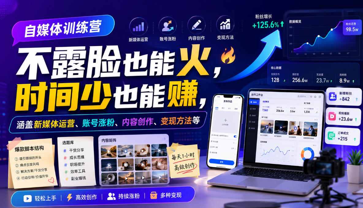 自媒体训练营,不露脸也能火,时间少也能賺,涵盖新媒体运营、账号涨粉、内容创作、变现方法等-副业网