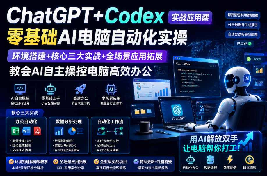 ChatGPT+Codex实战应用课｜零基础AI电脑自动化实操，环境搭建+核心三大实战+全场景应用拓展，教会AI自主操控电脑高效办公-副业网