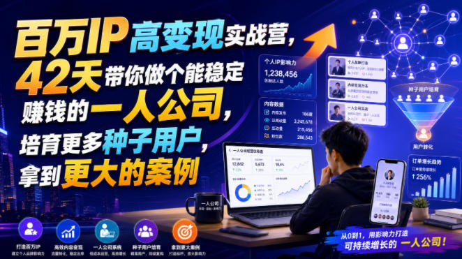 百万IP高变现实战营,42天带你做个能稳定賺钱的一人公司,培育更多种子用户,拿到更大的案例-副业网