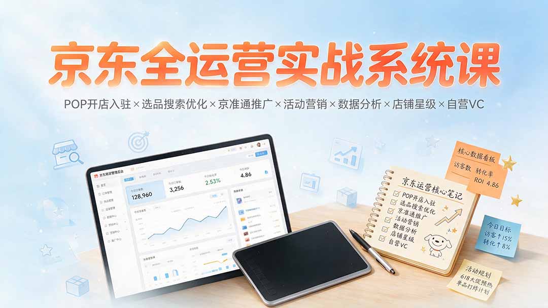 京东全运营实战系统课:POP开店入驻×选品搜索优化×京准通推广×活动营销×数据分析×店铺星级×自营VC-副业网