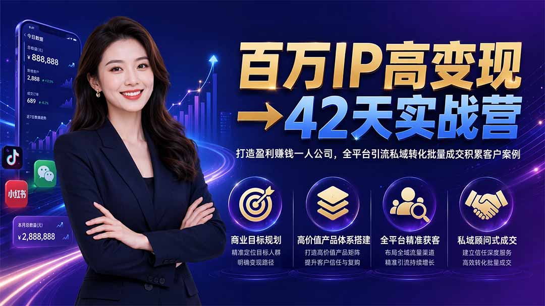 百万IP高变现→42天实战营|打造盈利赚钱一人公司,全平台引流私域转化批量成交积累客户案例-副业网
