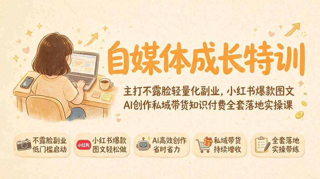 自媒体成长特训|主打不露脸轻量化副业,小红书爆款图文AI创作私域带货知识付费全套落地实操课-副业网