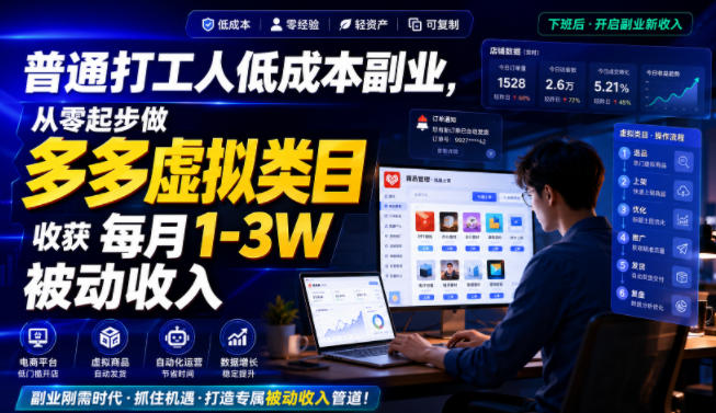 普通打工人低成本副业，从零起步做多多虚拟类目，收获每月1-3W被动收入【揭秘】-副业网