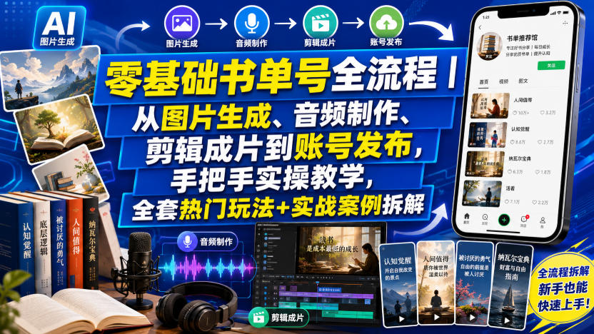 零基础书单号全流程|从图片生成、音频制作、剪辑成片到账号发布,手把手实操教学,全套热门玩法+实战案例拆解-副业网