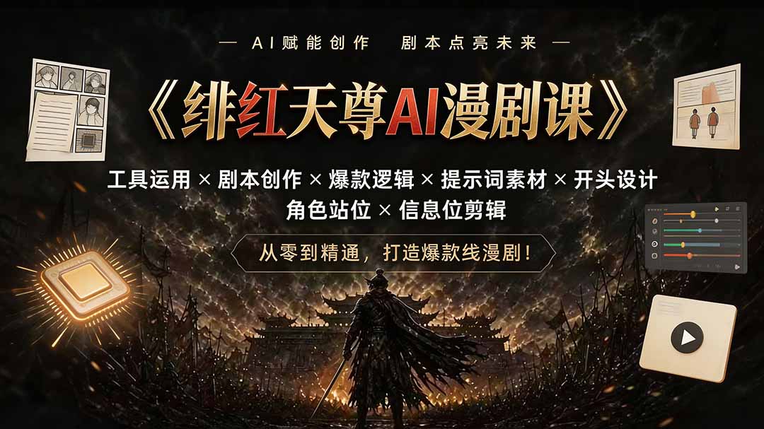 绯红天尊AI漫剧课|工具运用×剧本创作×爆款逻辑×提示词素材×开头设计×角色站位×信息位剪辑-副业网
