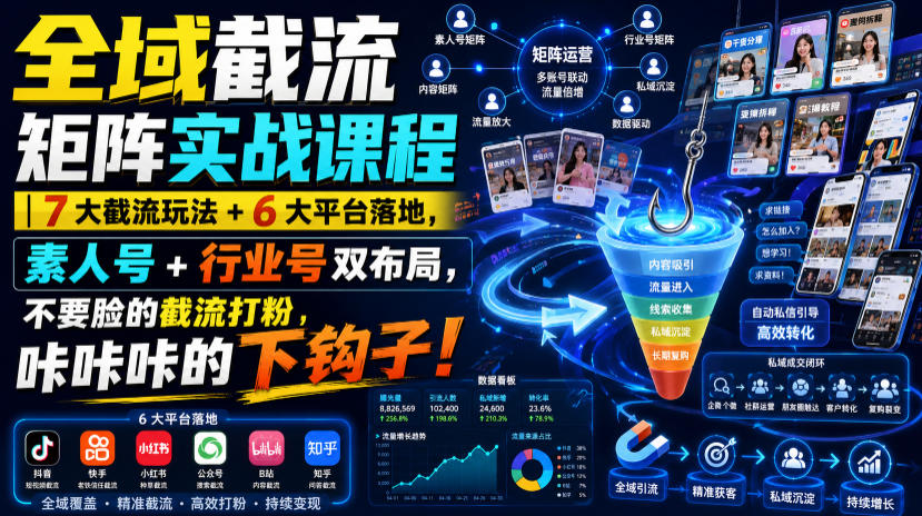 全域截流矩阵实战课程|7大截流玩法+6大平台落地,素人号+行业号双布局,不要脸的截流打粉,咔咔咔的下钩子!-副业网