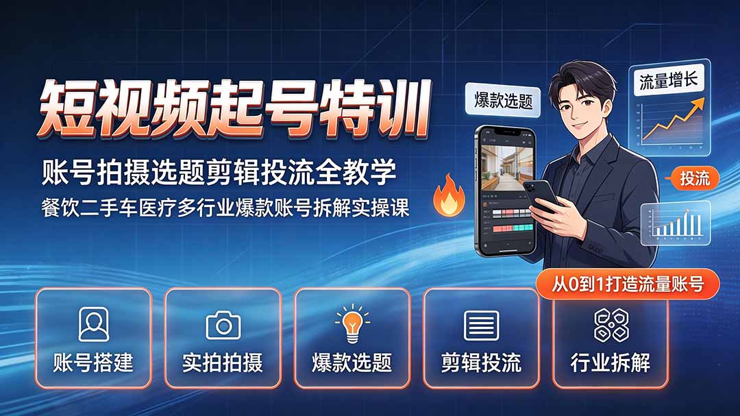 短视频起号特训|账号拍摄选题剪辑投流全教学,餐饮二手车医疗多行业爆款账号拆解实操课-副业网